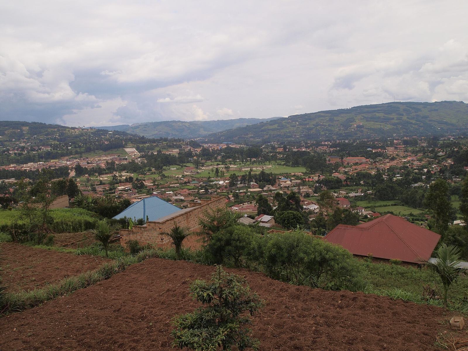 Kabale spread across its valley floor seen from a cultivated hillside — red-earth garden beds