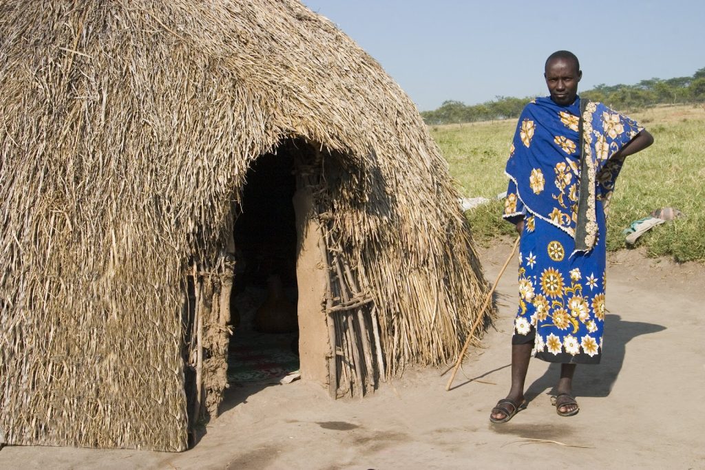 A person in patterned dress standing beside a domed thatched Karamojong hut