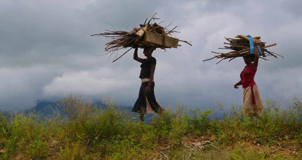 Two people carrying large bundles of firewood on their heads along a ridge under grey cloud